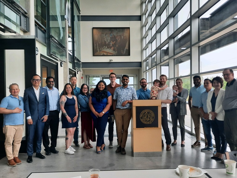 The Department of Periodontics held a celebration of its graduates at the Iowa Athletics Hall of Fame. This is a photo of the entire group.