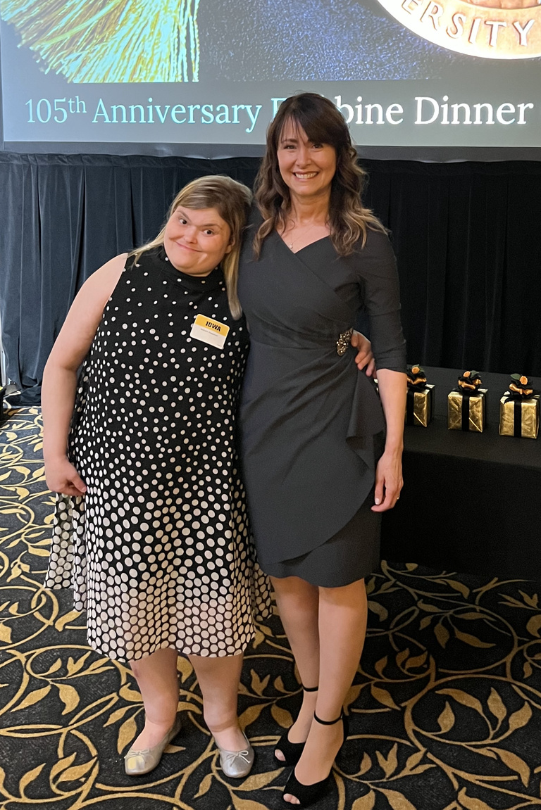 Karin and Nathalia take a picture together at the Hancher-Finkbine Awards.
