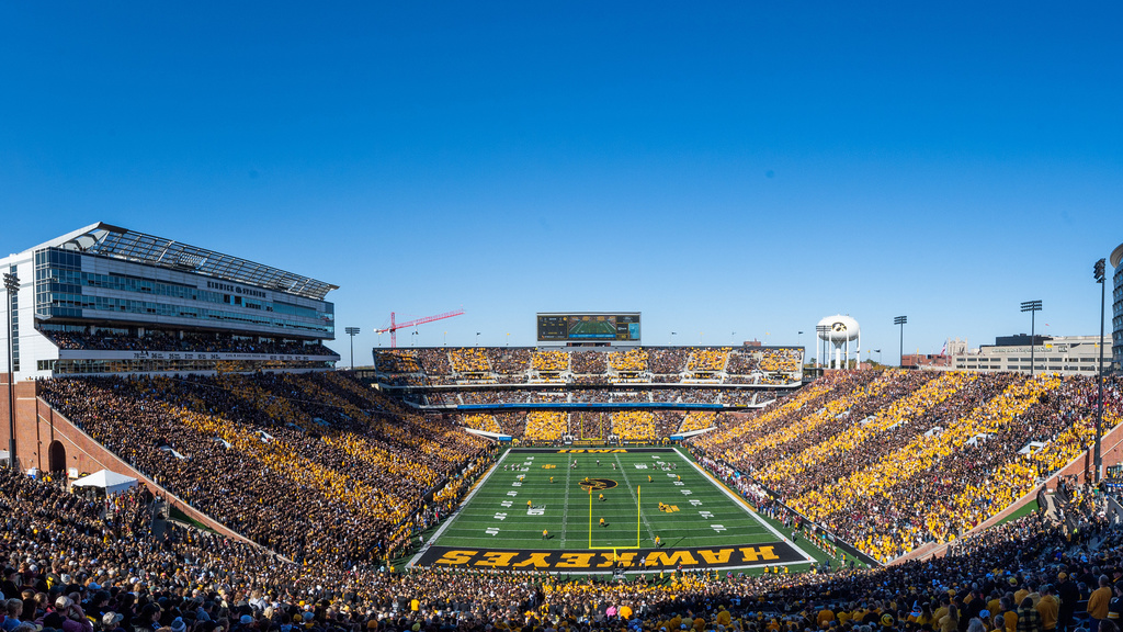 Wide shot of Kinnick Stadium striped in black and gold
